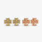 Tory Burch Double T Logo Stud Earrings in 18k gold-plated finish, iconic minimalist design
