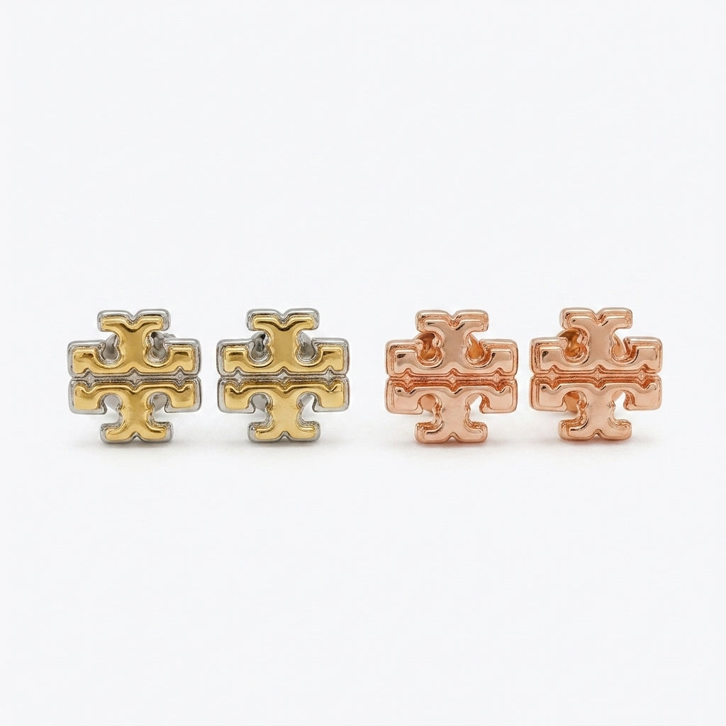 Tory Burch Double T Logo Stud Earrings in 18k gold-plated finish, iconic minimalist design