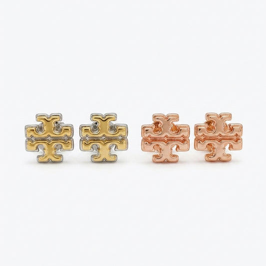 Tory Burch Double T Logo Stud Earrings in 18k gold-plated finish, iconic minimalist design