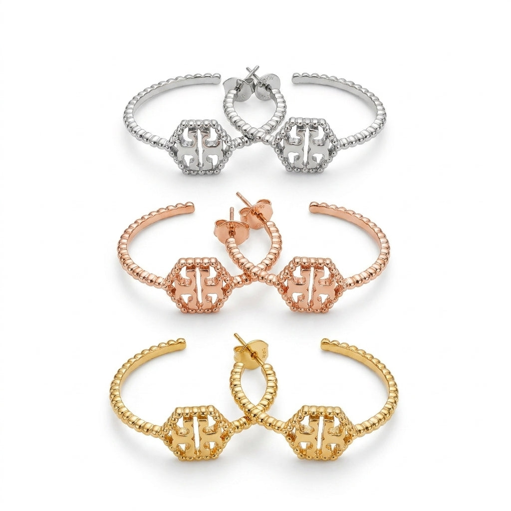 Tory Burch Milgrain Hex Hoop Earrings in gold-plated finish featuring a geometric hexagon shape