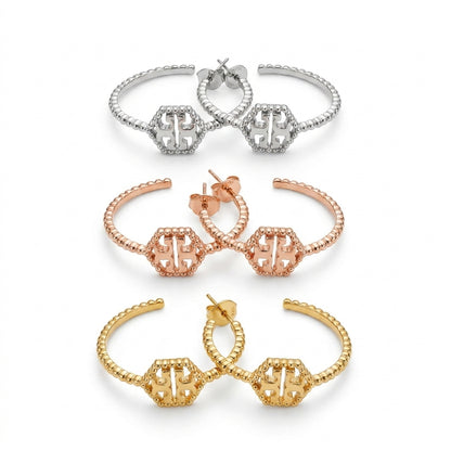 Tory Burch Milgrain Hex Hoop Earrings in gold-plated finish featuring a geometric hexagon shape