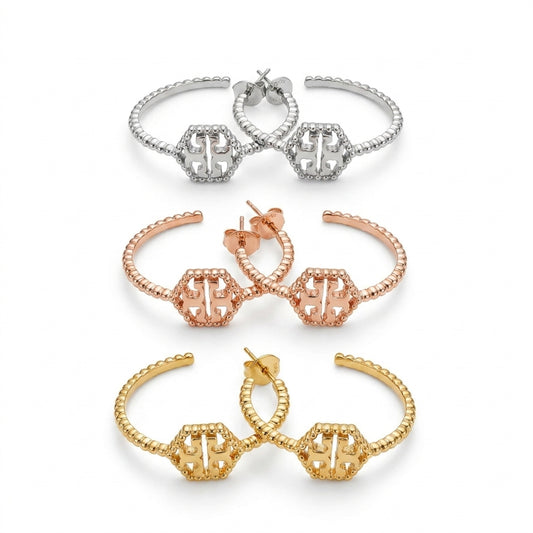 Tory Burch Milgrain Hex Hoop Earrings in gold-plated finish featuring a geometric hexagon shape