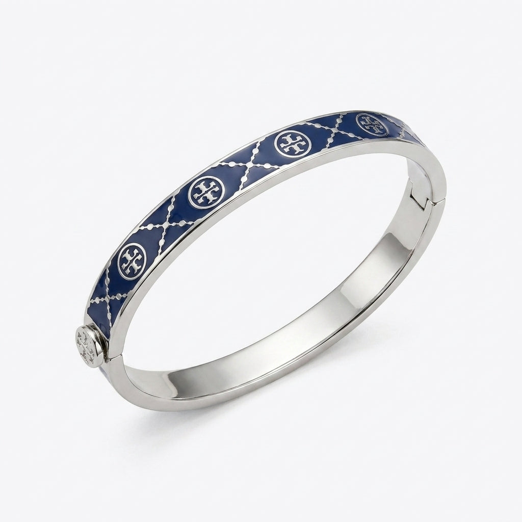 Tory Burch Miller Enamel Logo Hinge Bracelet in silver-tone with vibrant enamel inlay and cutout Double T