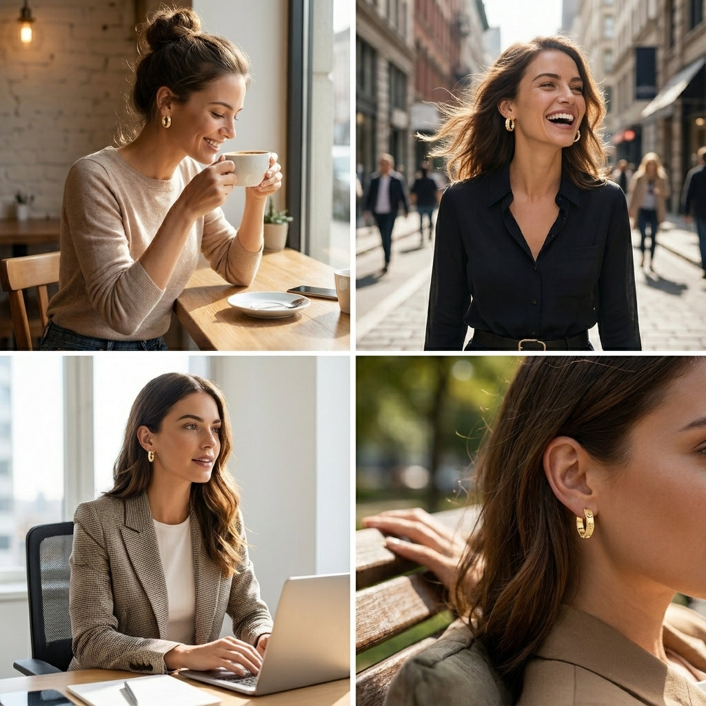 Minimalist jewelry styling with Tory Burch Miller Huggie Hoops for a modern effortless luxury look