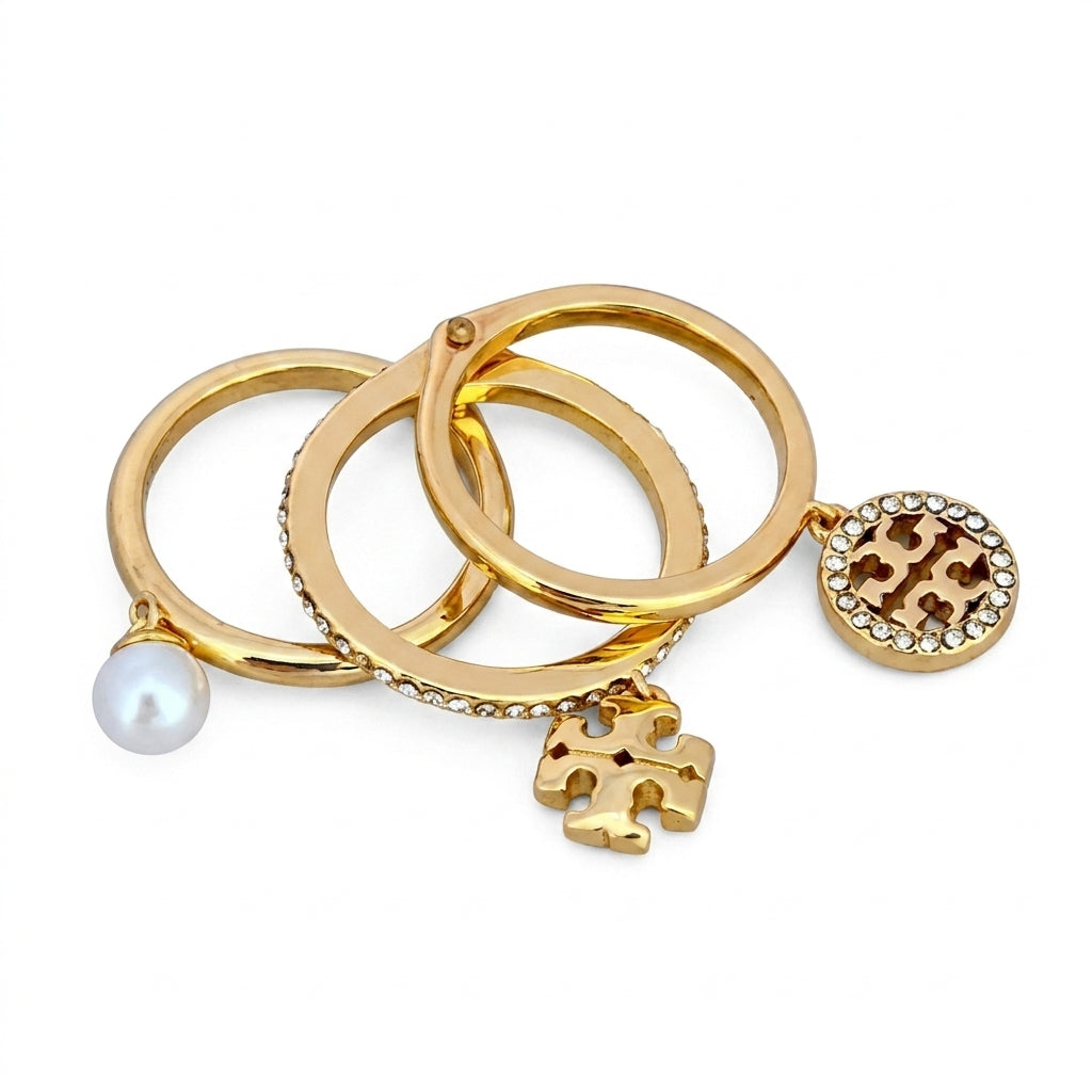 Tory Burch Miller Pave Ring in 18k gold-plated finish with micro-pave crystal Double T logo