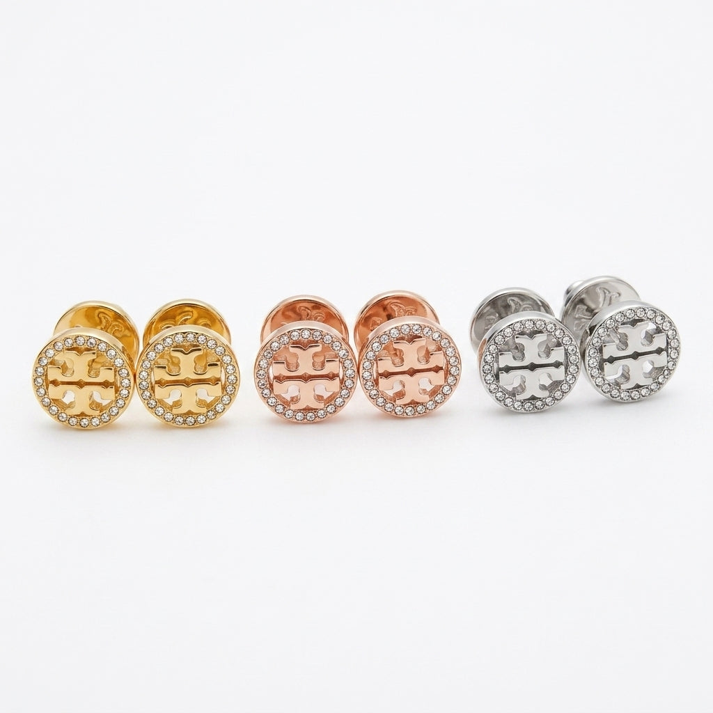Tory Burch Miller Pave Stud Earrings in 18k gold-plated brass with micro-pave crystal circle