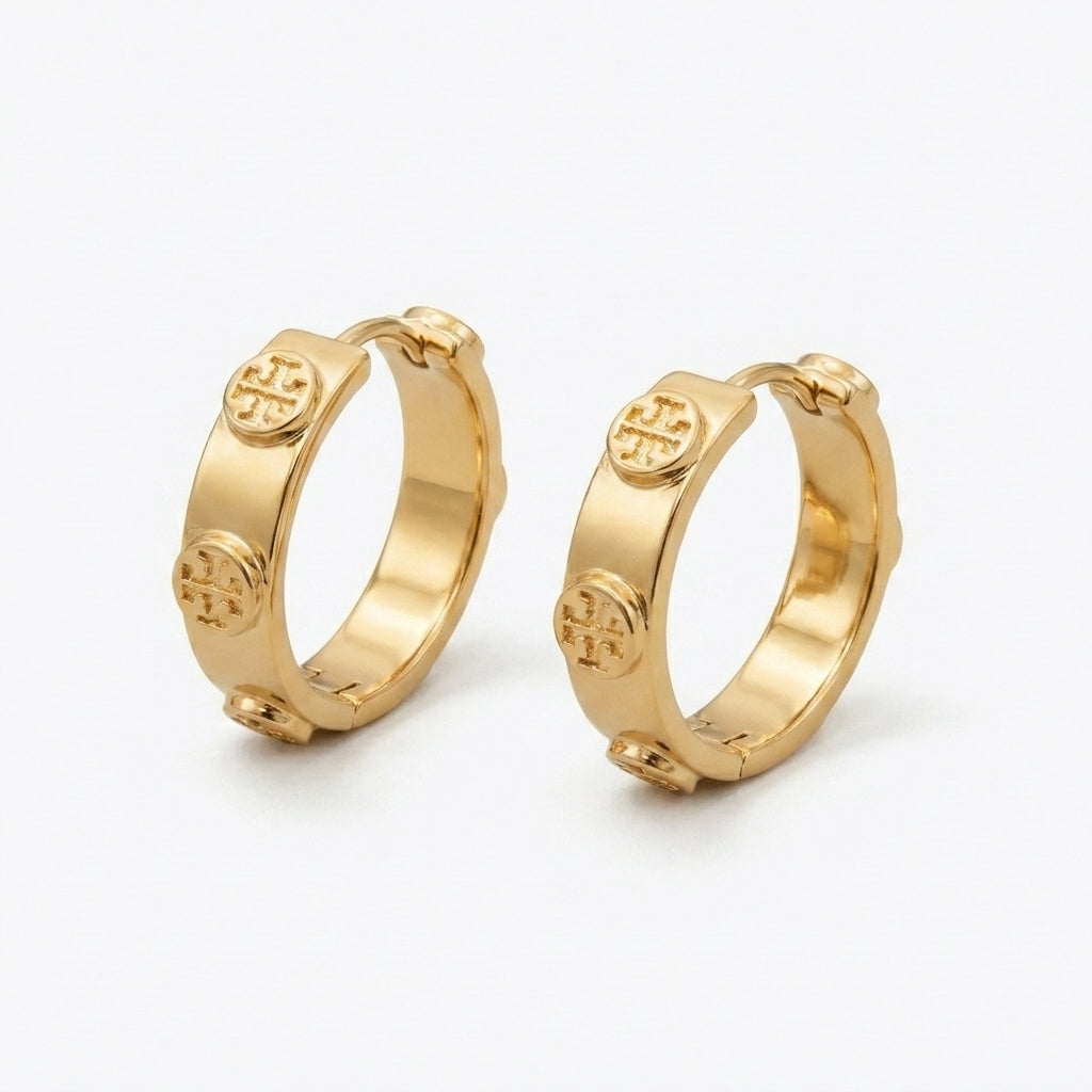 Tory Burch Miller Stud Huggie Hoop Earrings in 18k gold-plated finish featuring the iconic Double T logo