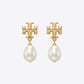 Tory Burch Moondance Pearl Drop Earrings with celestial moon motifs and Double T logo in gold