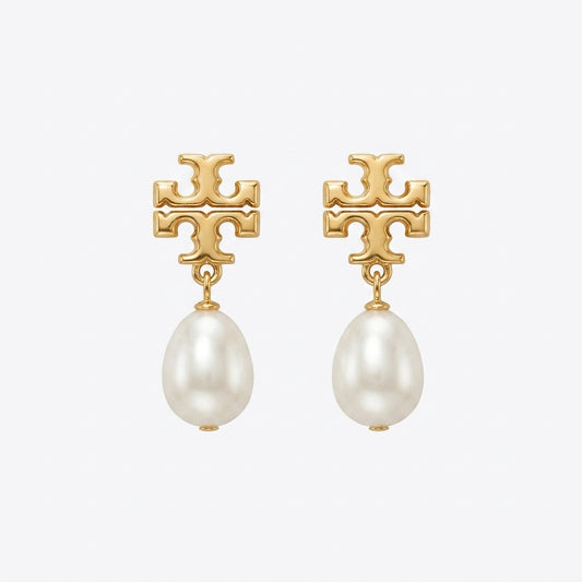 Tory Burch Moondance Pearl Drop Earrings with celestial moon motifs and Double T logo in gold