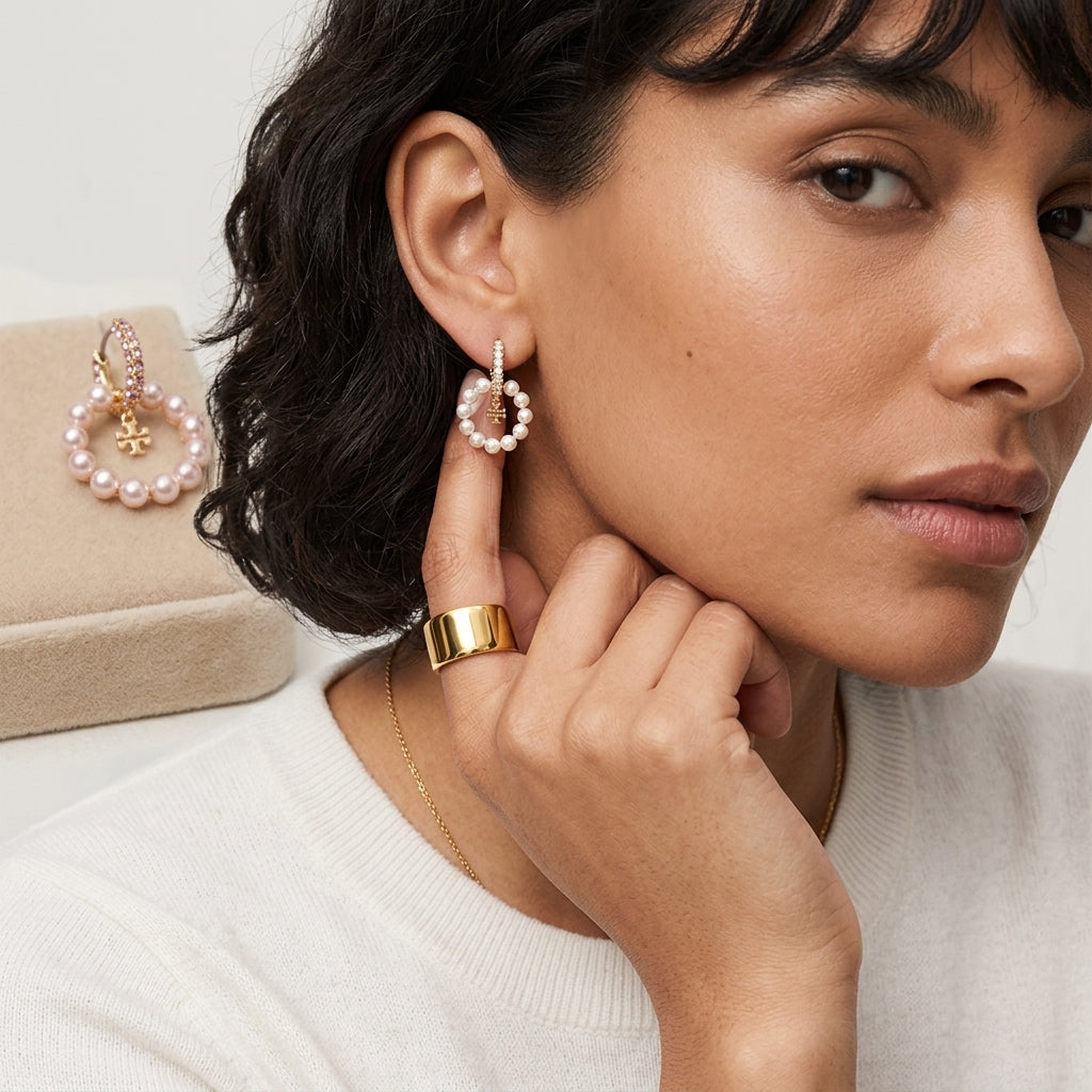 Editorial lookbook profile of a model styling tory burch moondance pearl hoop earrings with a white top.