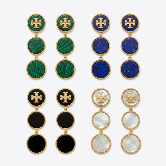 Tory Burch Mother of Pearl Drop Earrings in gold finish featuring the iconic Double T logo