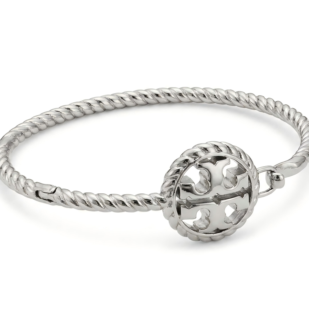 Tory Burch Rope Logo Hinged Cuff Bracelet in gold-tone, featuring a textured twisted rope design