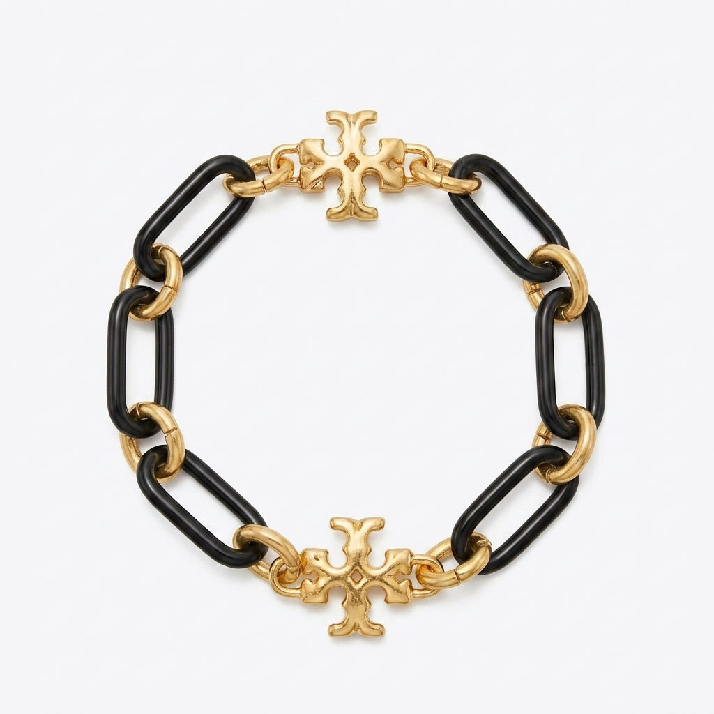 Tory Burch Roxanne Short Chain Bracelet in gold-tone finish with sculptural links and Double T logo