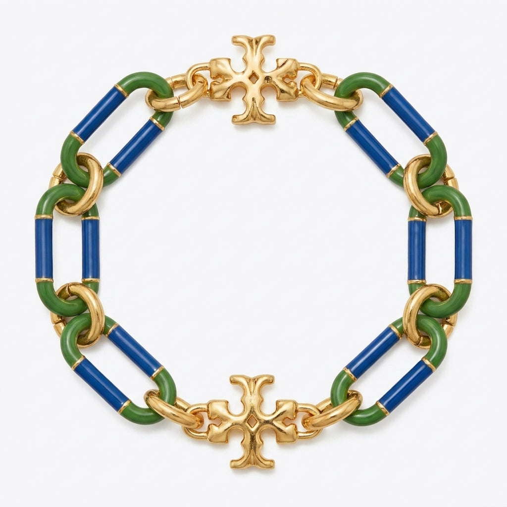 Tory Burch Roxanne Short Chain Bracelet in gold-tone finish with sculptural links and Double T logo