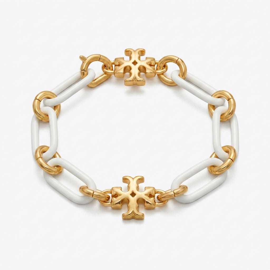 Tory Burch Roxanne Short Chain Bracelet in gold-tone finish with sculptural links and Double T logo