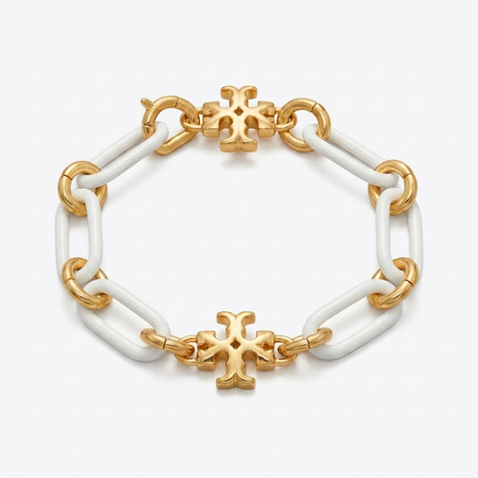 Tory Burch Roxanne Short Chain Bracelet in gold-tone finish with sculptural links and Double T logo