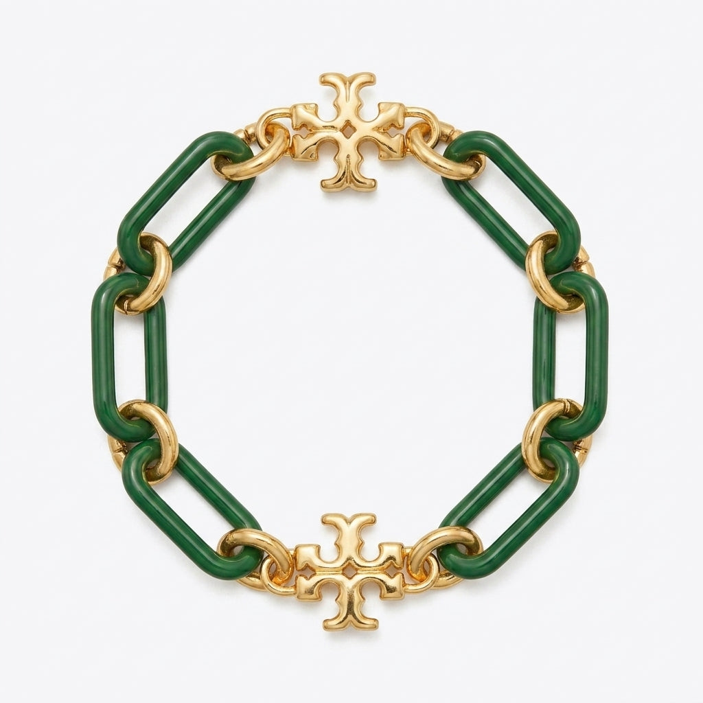 Tory Burch Roxanne Short Chain Bracelet in gold-tone finish with sculptural links and Double T logo