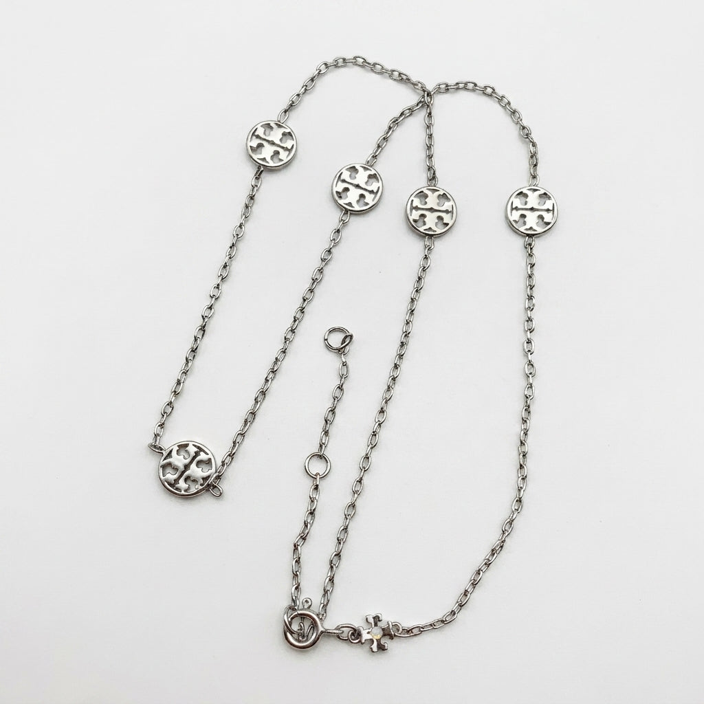 Tory Burch silver Delicate Logo Necklace featuring a thin chain and polished Double T pendant
