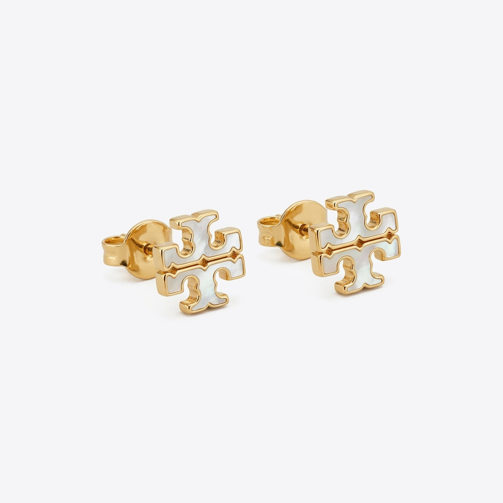 Tory Burch Small Icon Enamel Stud Earrings in gold finish with a colorful Double T logo