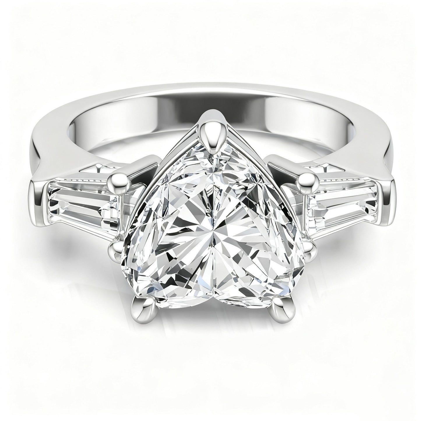 Trillion cut moissanite three-stone ring with tapered baguette side stones on white background.