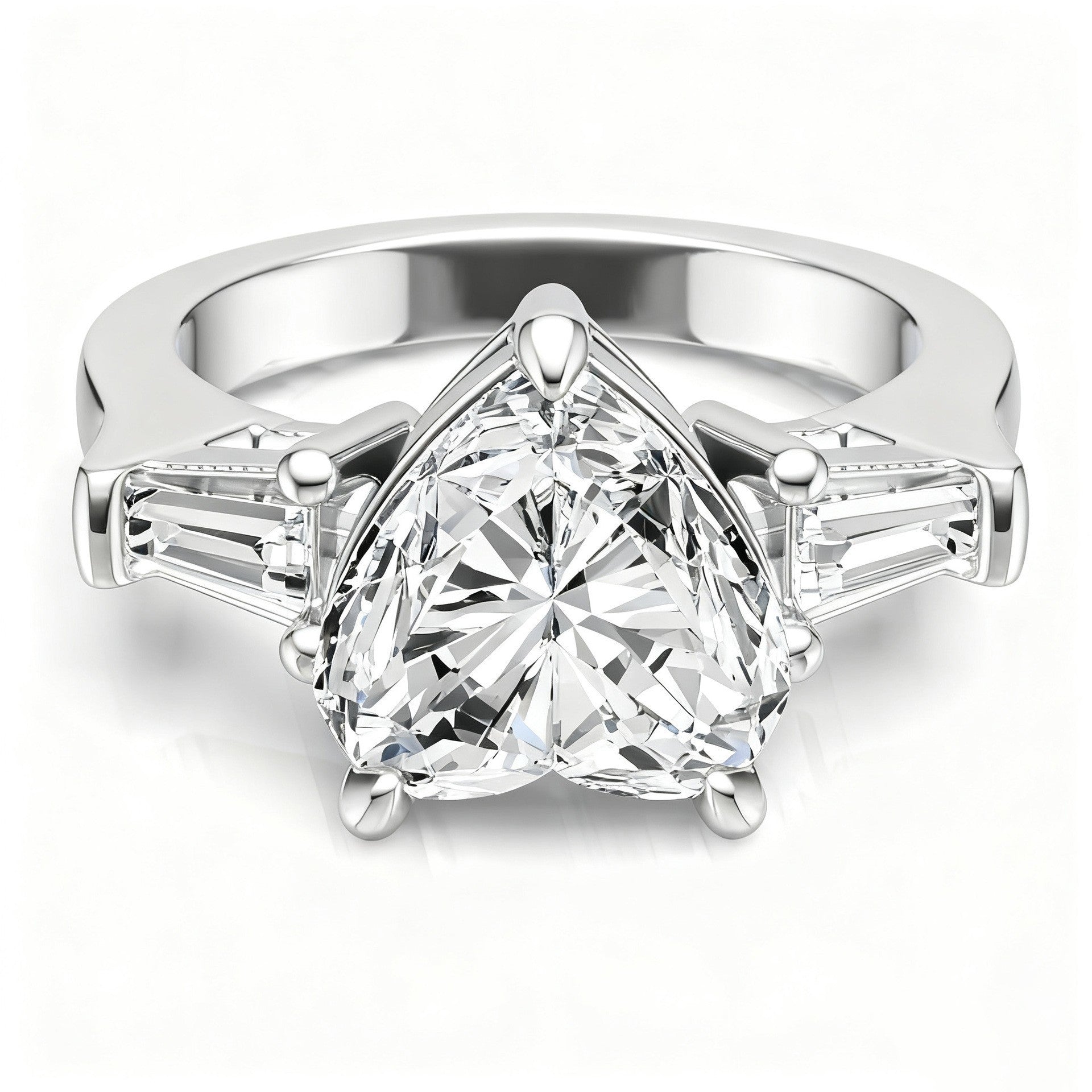 Trillion cut moissanite three-stone ring with tapered baguette side stones on white background.