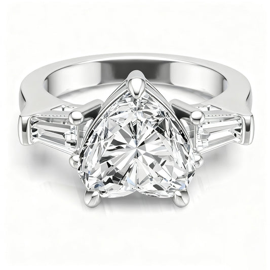 Trillion cut moissanite three-stone ring with tapered baguette side stones on white background.