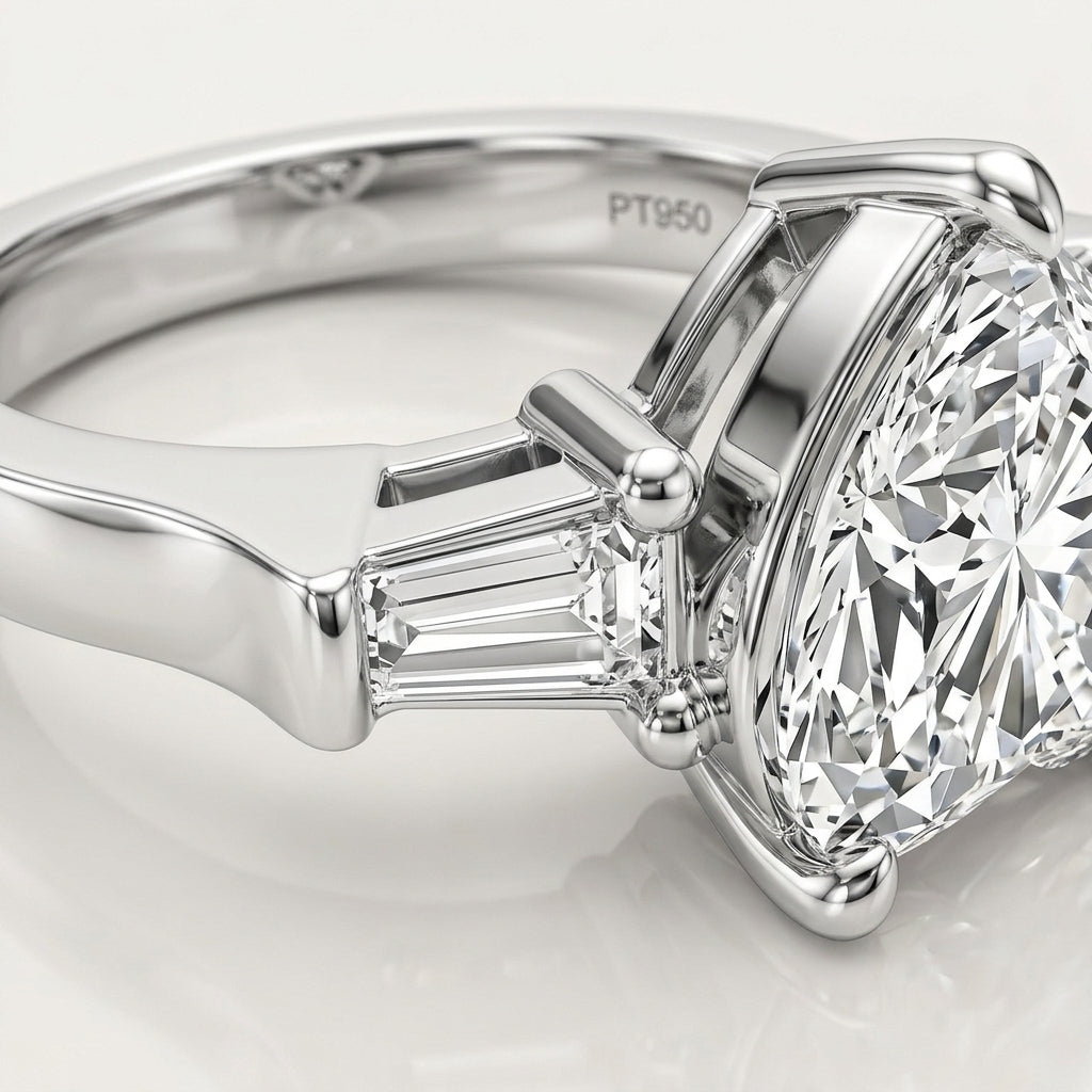 Side profile showing high prong basket setting and tapered baguette accent on silver ring.
