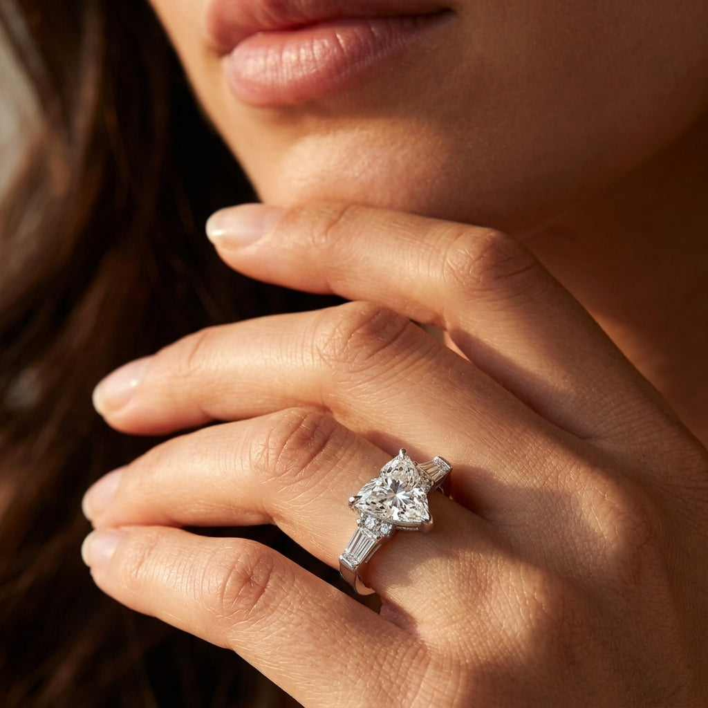 Close-up view of a model wearing trillion cut moissanite three-stone engagement ring.