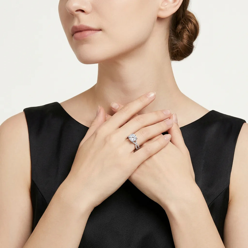 Fashion model in a black top showcasing the sparkling round cut moissanite twisted vine ring.