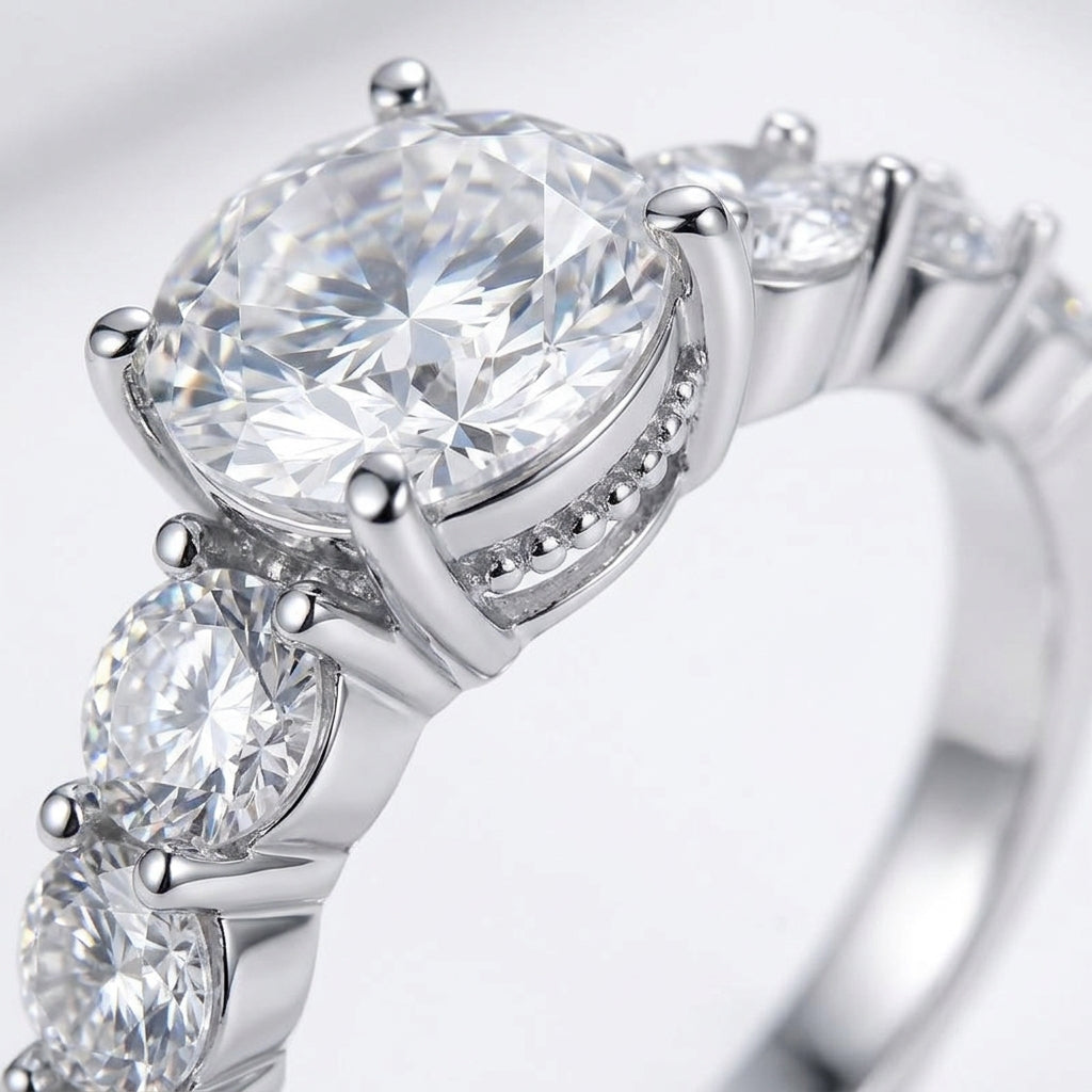 Micro macro view focusing on the under halo pave setting and intricate vintage detailing of a moissanite anniversary jewelry ring.