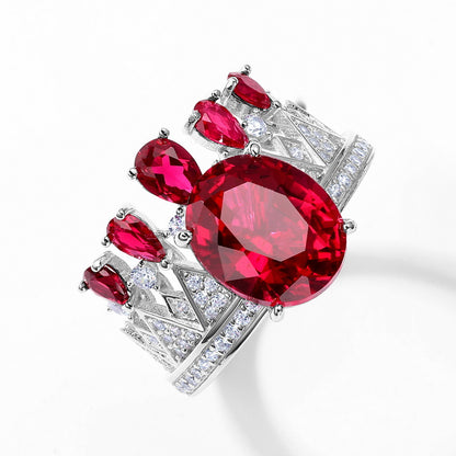 Luxury vintage crown style ruby ring for women, sterling silver setting with large oval red ruby.