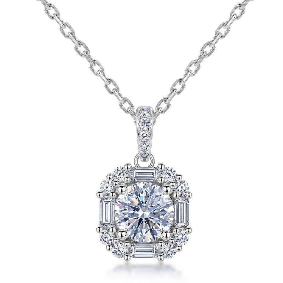 Vintage geometric baguette halo lab grown diamond pendant necklace in 925 silver.