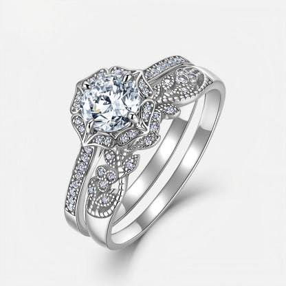 Vintage milgrain halo lab grown diamond bridal stacking ring set in sterling silver isolated on white background