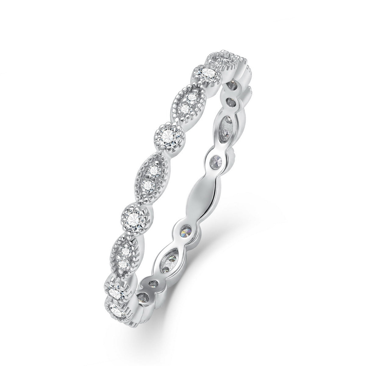 Vintage milgrain marquise and round lab grown diamond stacking ring in sterling silver isolated on white background