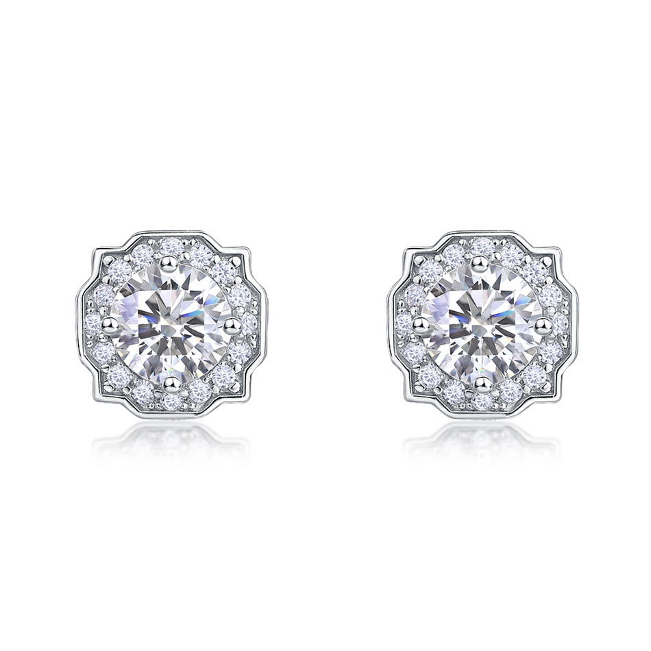 Vintage octagonal scalloped halo lab diamond stud earrings in 925 sterling silver.
