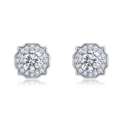 Vintage octagonal scalloped halo lab diamond stud earrings in 925 sterling silver.
