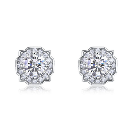 Vintage octagonal scalloped halo lab diamond stud earrings in 925 sterling silver.