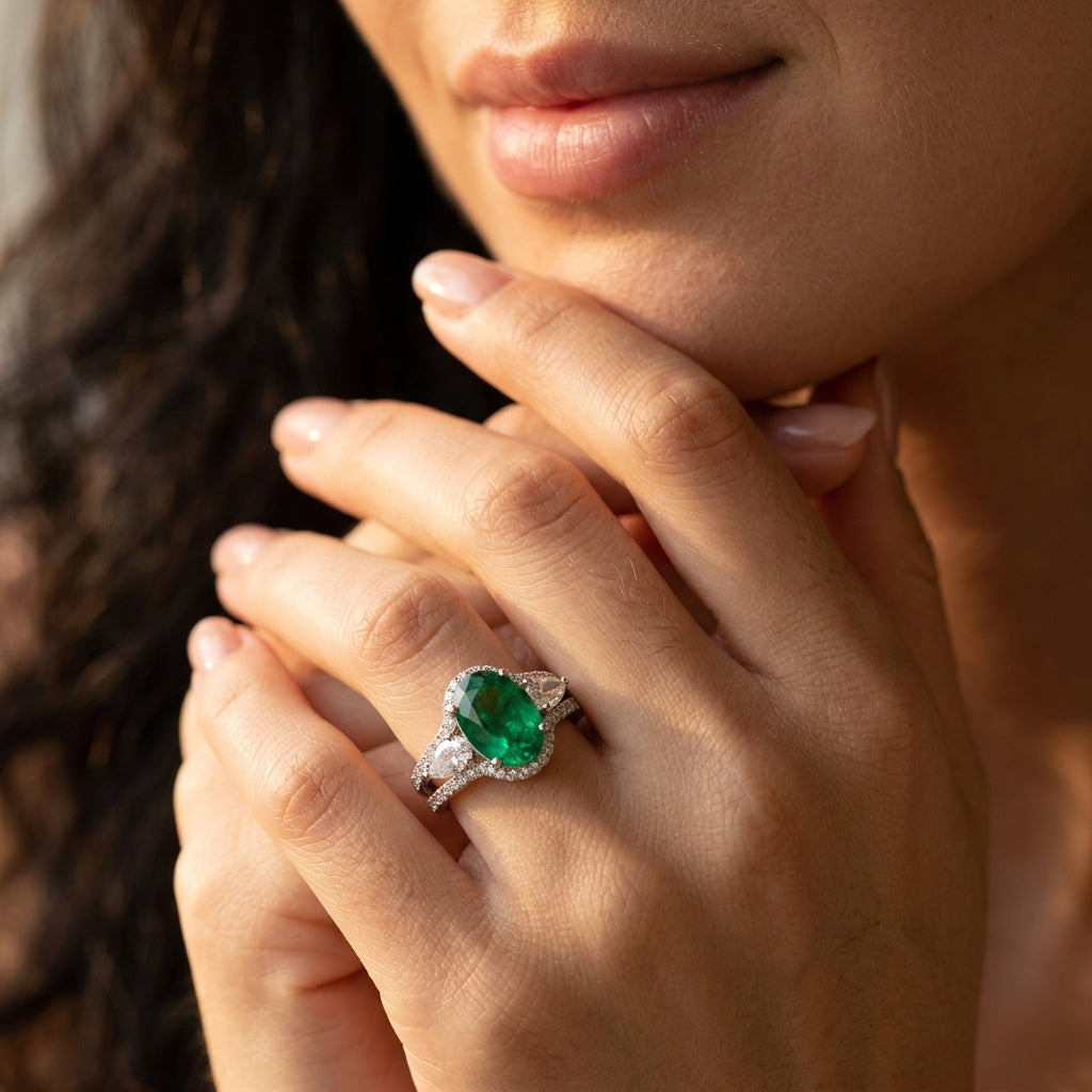 Close-up editorial portrait of a model holding her chin, displaying a vintage oval emerald criss-cross engagement ring.
