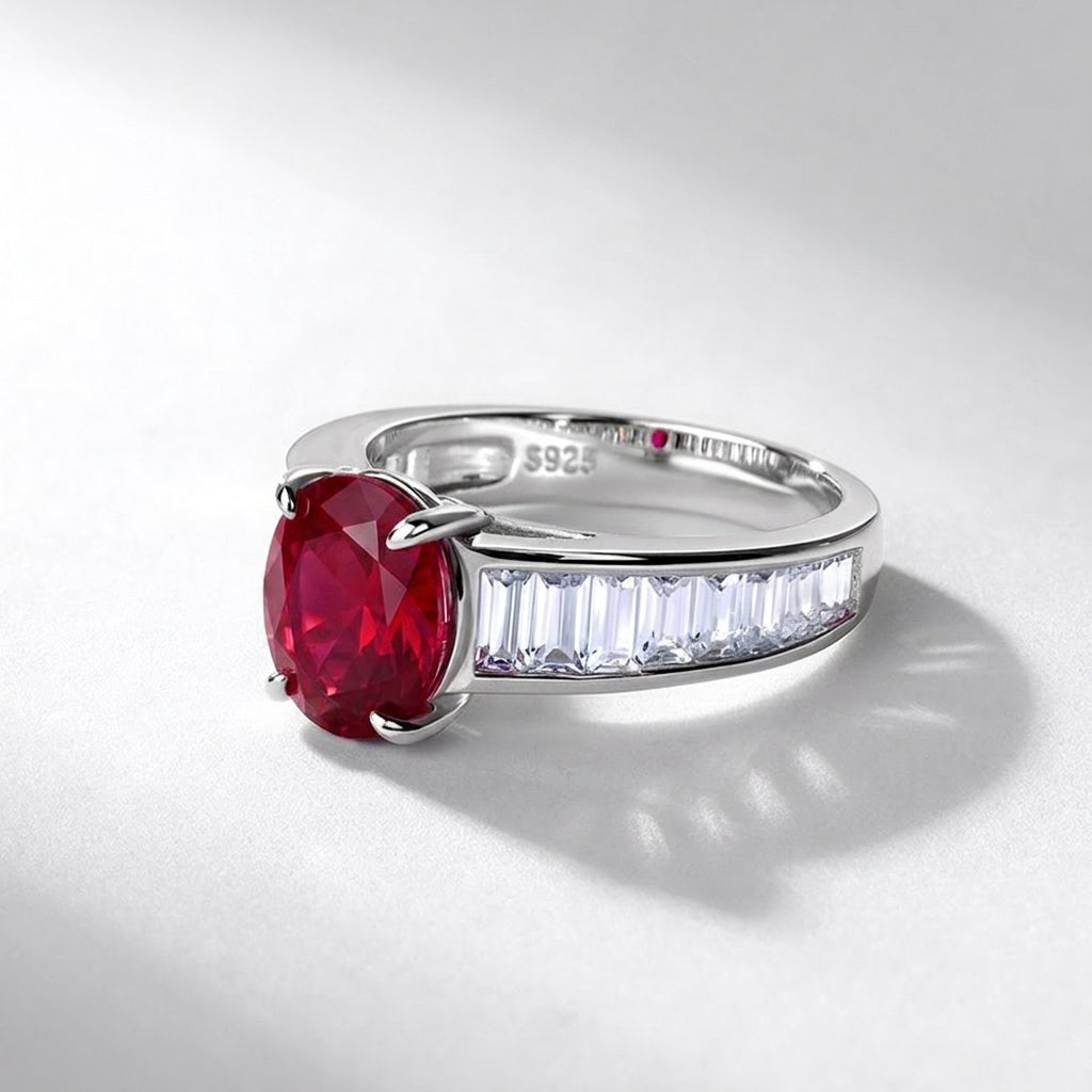 Silver ring with a red gemstone and clear stones on a light gray background