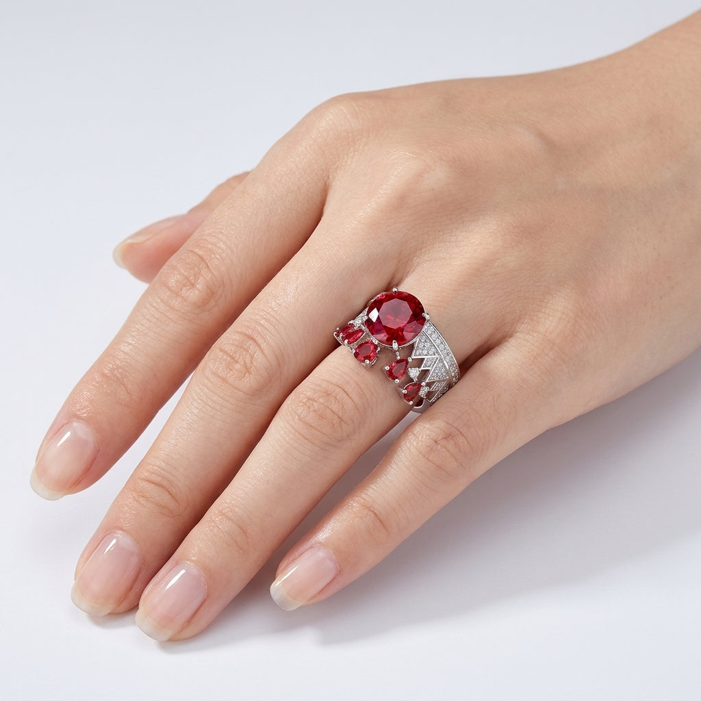Close-up of a model wearing a luxury vintage crown ruby ring on her finger.