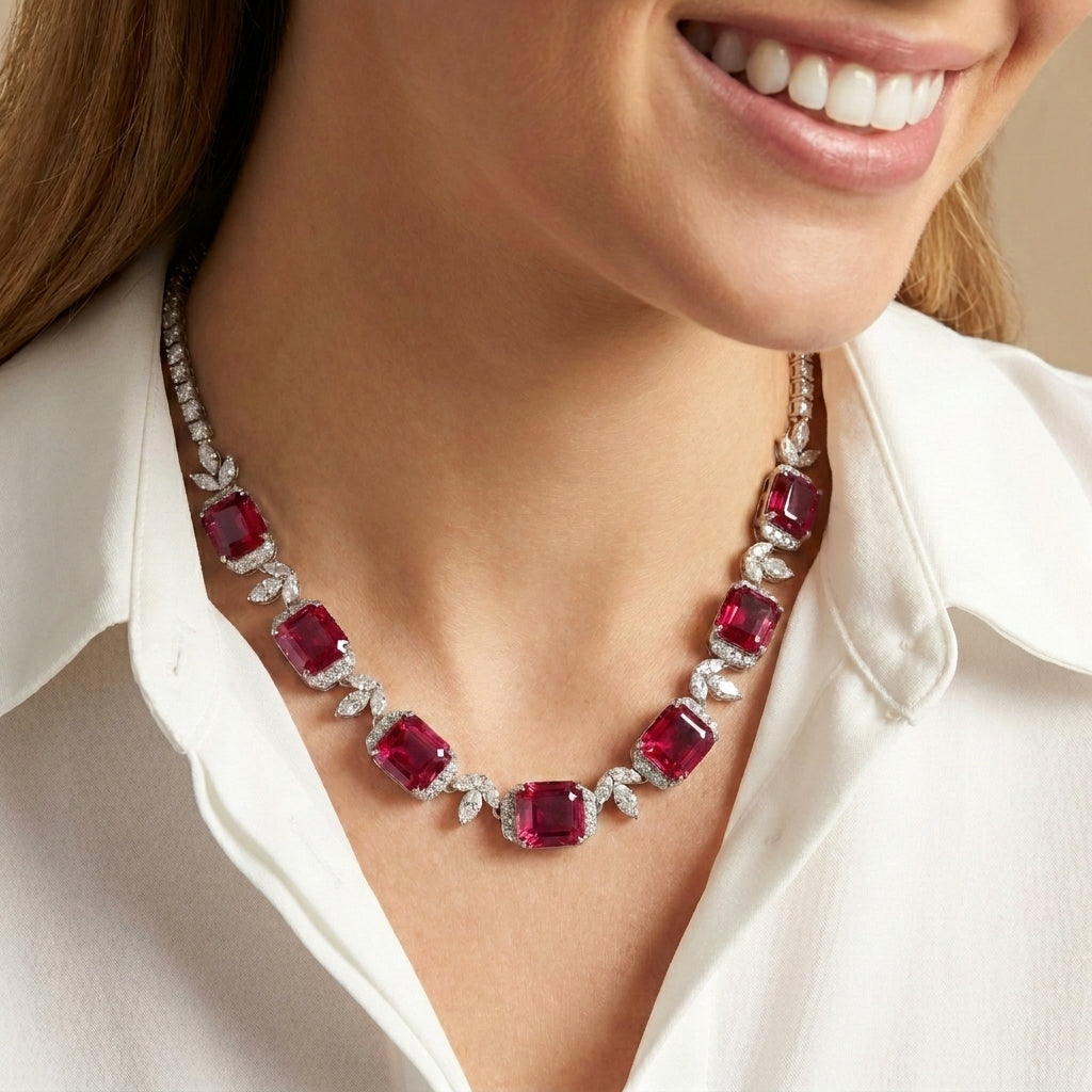 Close-up view of a smiling model wearing a vintage square ruby gala statement necklace over an elegant white silk blouse.