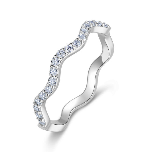 Wavy lab grown diamond curve stacking ring in sterling silver isolated on white background