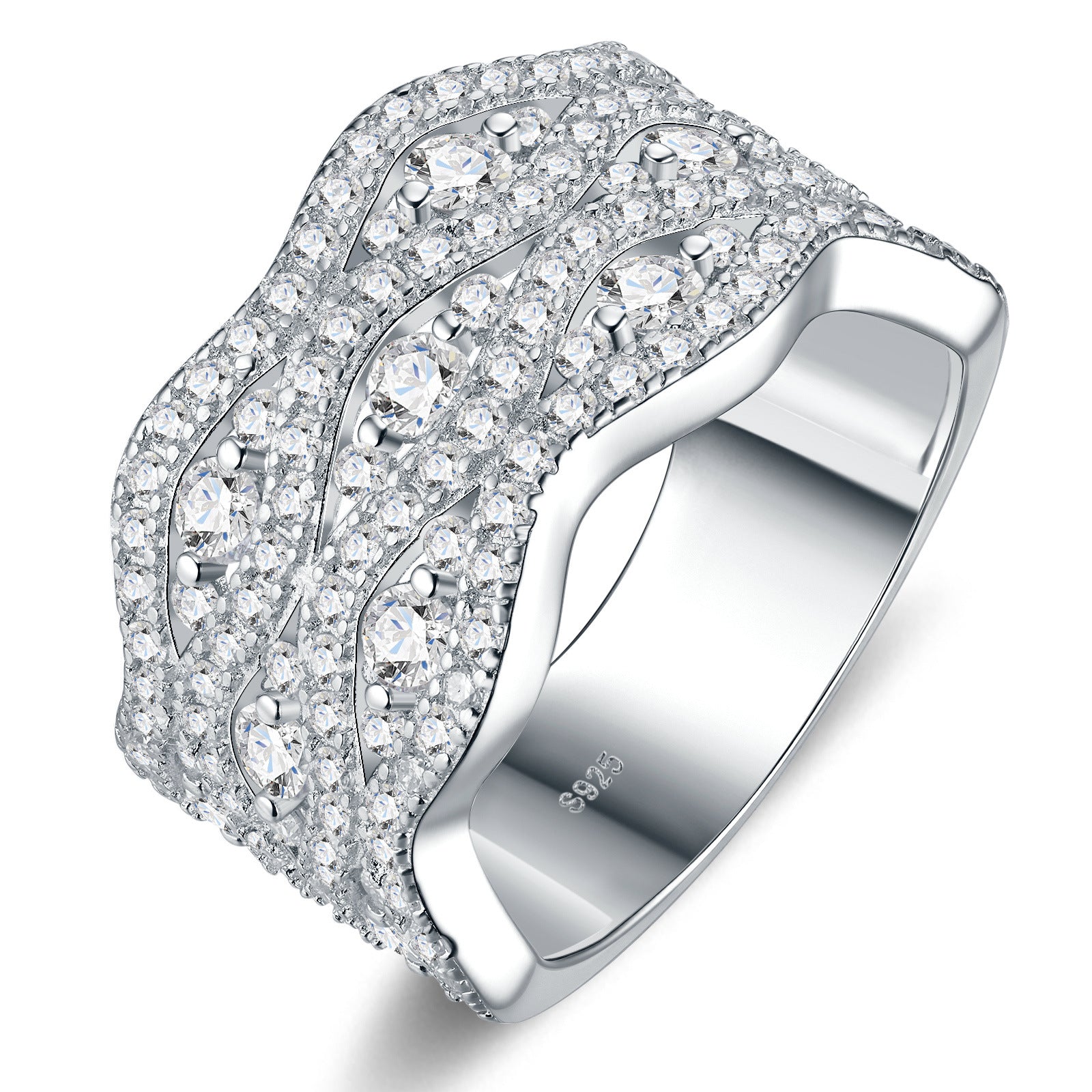 Studio display of wide wave moissanite chunky pave crossover statement ring featuring organic fluid curves and full micro-pave setting.