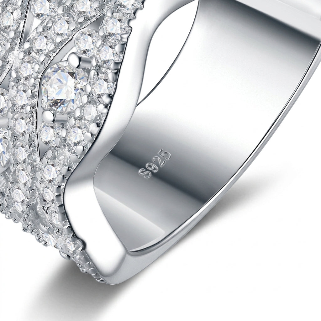 Studio macro close-up highlighting interior S925 metal stamp, solid silver band thickness, and precision micro-pave stone setting.